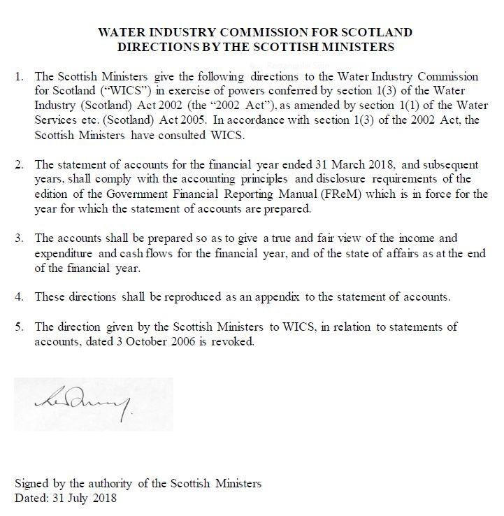 Water Industry Commission for Scotland directions signed by the authority of the Scottish Ministers 31 July 2018.
