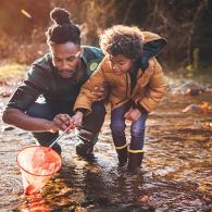 Youngster trying to catch something with a net in a stream with adult help